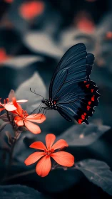 Midnight butterfly rests on vivid orange garden blooms.