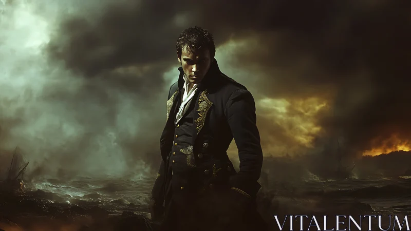 Storm-lashed captain stalks the burning horizon in silence