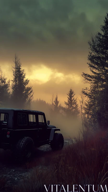 Off-road jeep waits in a misty forest at stormy sunrise