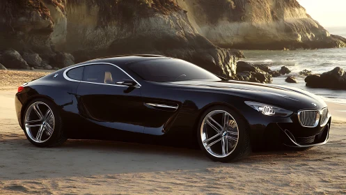 Aerodynamic BMW coupe concept with high-gloss reflections on coastal sand