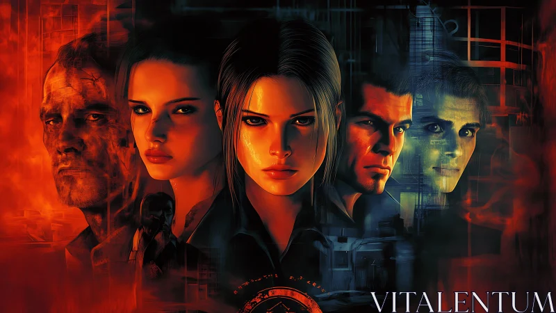 Five determined faces emerge from a fiery cyber cityscape