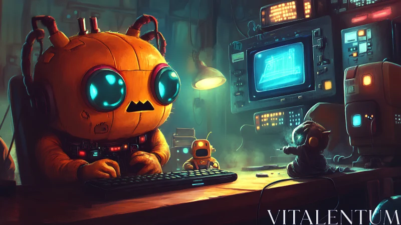 Orange robot operating console in dim control laboratory.