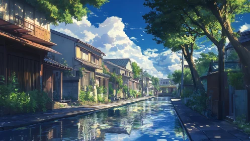 Residential canal street with traditional houses under sky.