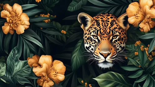 Digital jungle portrait with leopard and florals, symmetric focus.