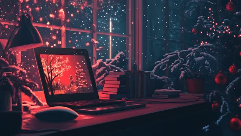 Cozy winter workspace glows with festive digital warmth
