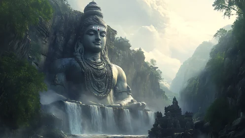 Colossal Shiva rock sculpture integrates with cascading waterfalls