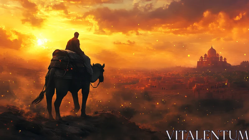 Lone rider on camel crosses embers toward a golden palace