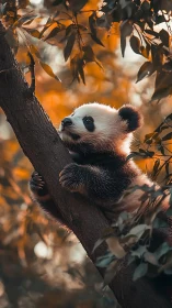 Daydreaming panda cub clings to an amber forest ladder