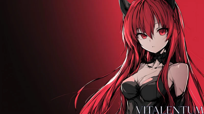 Crimson-haired demon girl in high-contrast anime rendering.