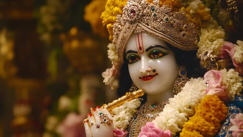 Ornately adorned Hindu deity idol with jeweled crown and garlands