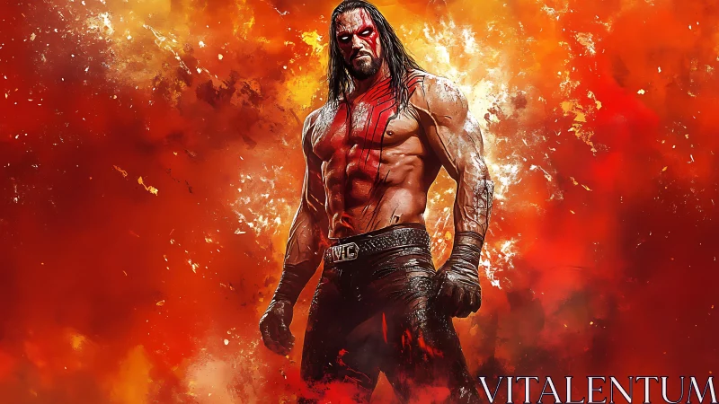 Muscular warrior with red war paint in fiery backdrop.