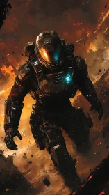 Lone space soldier strides through firelit cosmic chaos