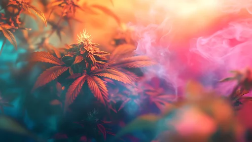 Luminous cannabis bloom in swirling neon sunset haze.