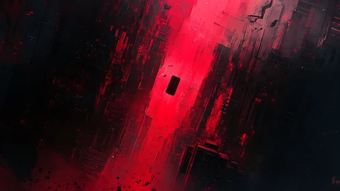 Monolithic object drifts through vertical red digital abyss