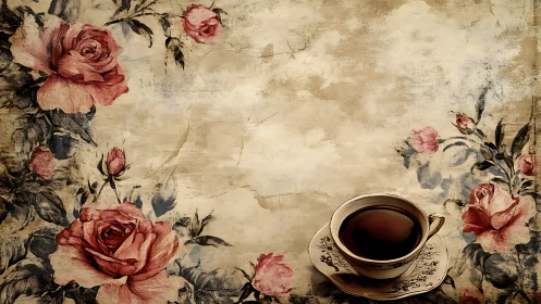 Vintage floral coffee cup on distressed parchment background