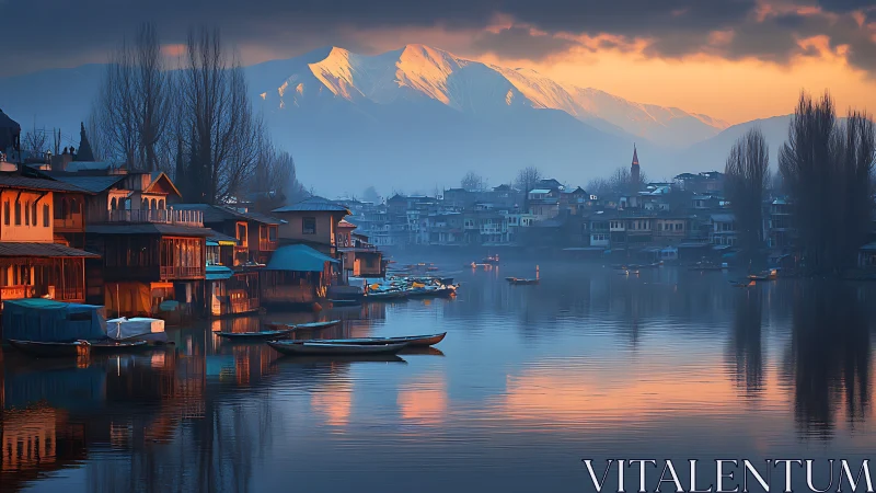 Mountain lake village at blue hour with glowing sunset.