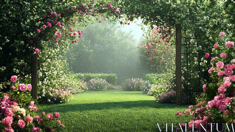 Soft morning light welcomes you into a rose covered garden haven