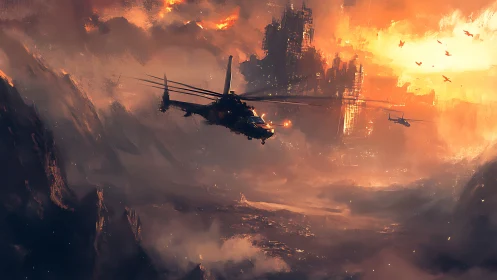 Helicopters crossing a glowing storm over ruined city skies.