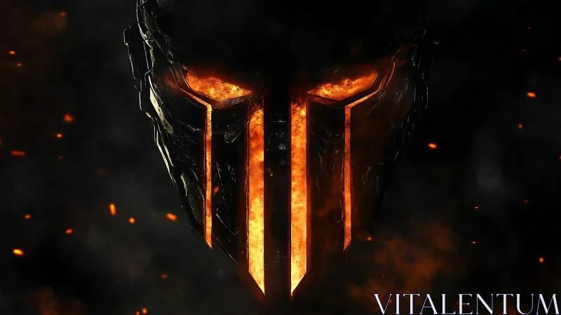 Molten metal warrior mask with glowing orange slits.