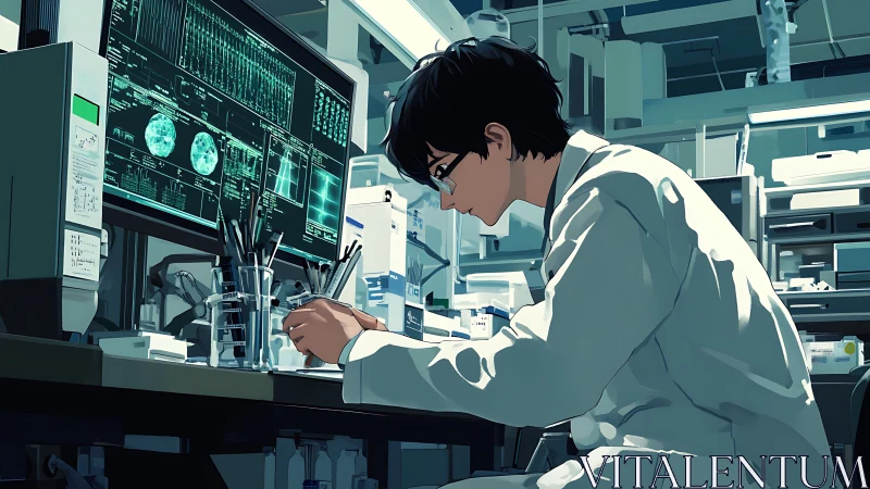 Scientist analyzing lab data at computer workstation in lab.