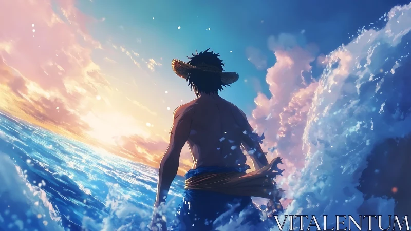 Straw hat figure walks into glowing ocean sunset