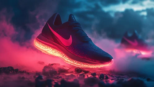 Cyberpunk sneaker hero shot with neon underglow illumination.