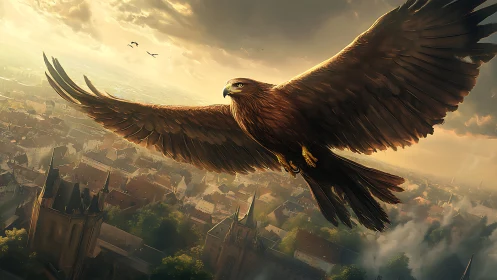 Majestic Eagle Soaring Above City at Sunset in Realistic Digital Art.