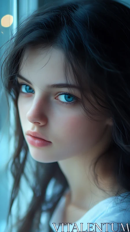 Blue-eyed girl lit by window glow in soft cool tones