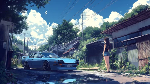 Summer street scene with blue sports car and waiting girl.