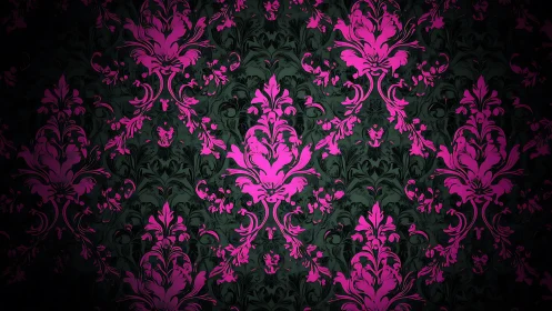 Ornate pink damask motifs glow over dark floral background.