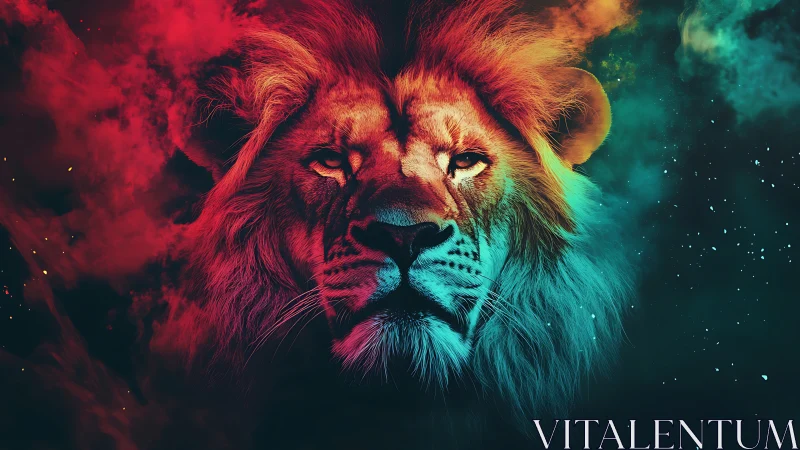 Radiant cosmic lion gazes calmly through swirling colors
