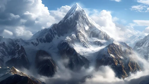 Snow covered mountain peak rises sharply above dense clouds