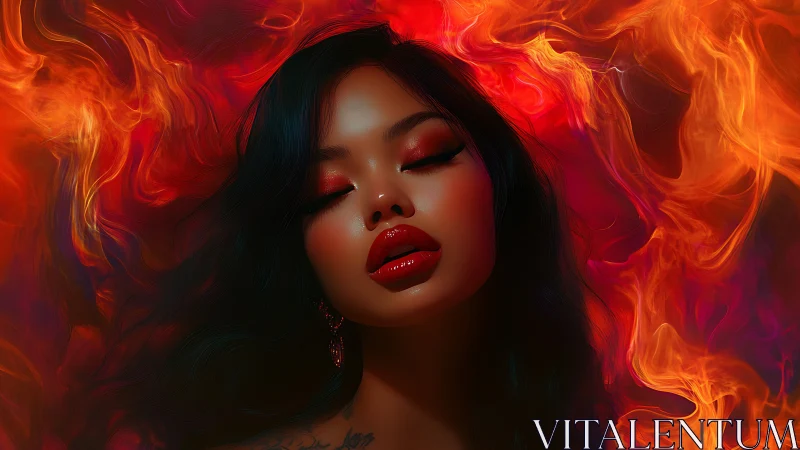 Portrait of woman surrounded by dramatic fiery flames and red light effects