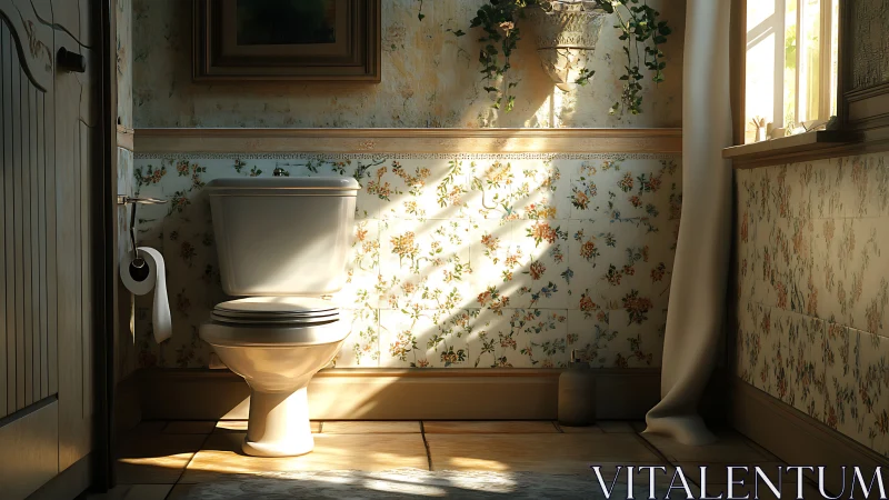 Sunlit vintage bathroom with floral wallpaper and ceramic toilet