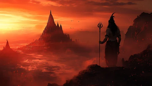 Sun-forged deity surveys a blazing temple kingdom at dusk.