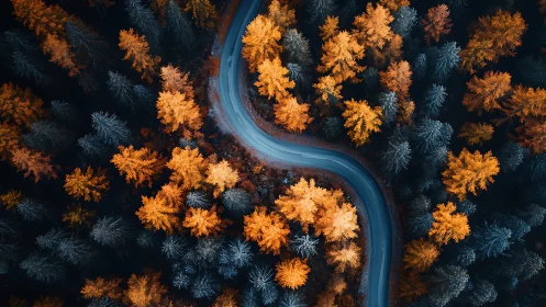 Curving forest road winding through glowing autumn treetops.