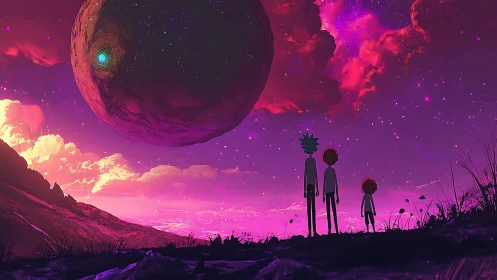 Three quiet silhouettes welcome a looming cosmic neighbor