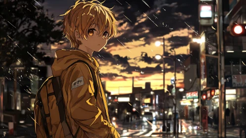 Golden hour wanderer in rain glazed neon city streets.