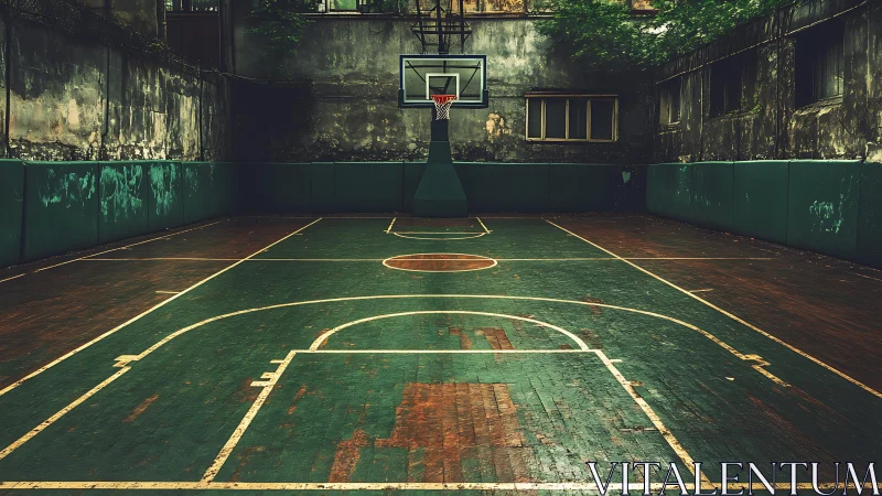 Urban outdoor basketball court with worn green wooden surface.