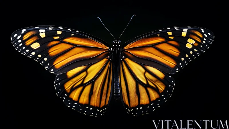 Monarch butterfly with open orange wings on black background.