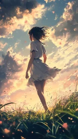 Atmospheric backlit girl on hill in dynamic sky study.