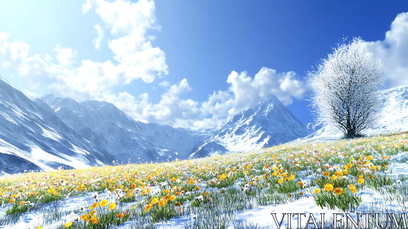 Snowy mountain meadow with spring flowers and lone tree.