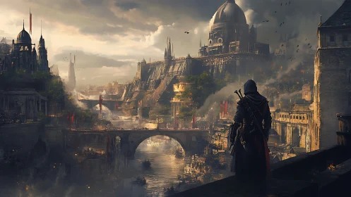 Lone cloaked wanderer quietly surveys a smoldering fantasy city