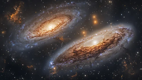 Twin spiral galaxies drift through star-rich deep space.