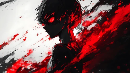 Crimson eyed silhouette in explosive red ink burst.