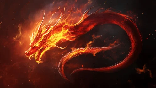 Blazing fire dragon coils through stormy cosmic embers.