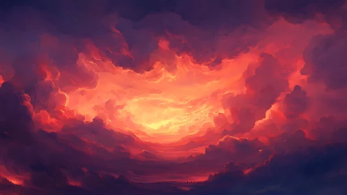 Fiery orange sunset clouds fill a dramatic digital sky
