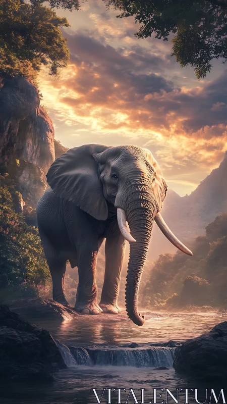 Sunlit river giant pauses beneath a cloudlit jungle sky