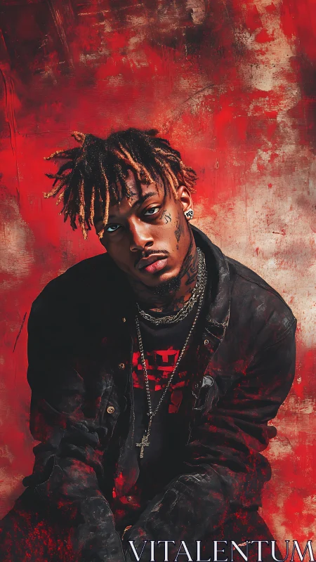 High-contrast portrait with textured red backdrop and dark streetwear