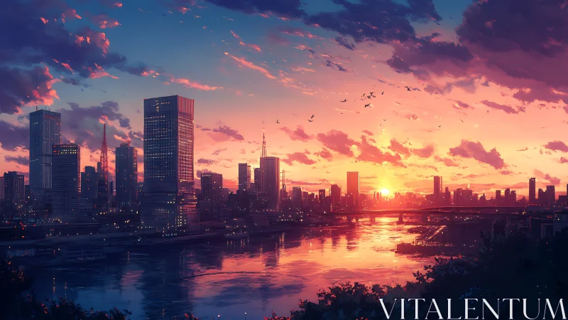 Urban river skyline at sunset with reflective water surface.